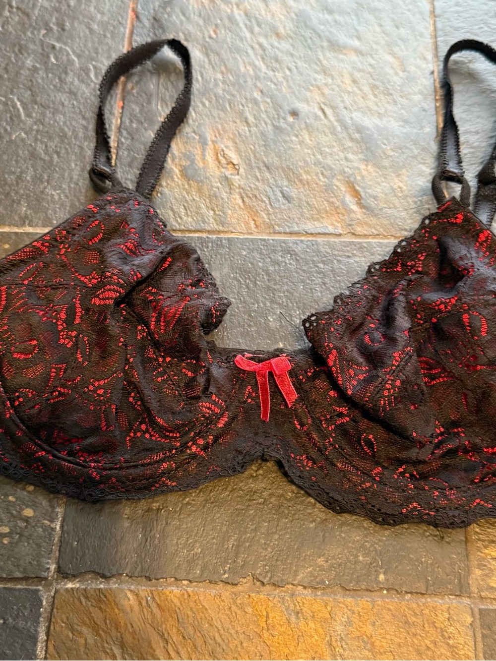 sophie b. Black Lace Bra with Red Accents and Velvet Bow